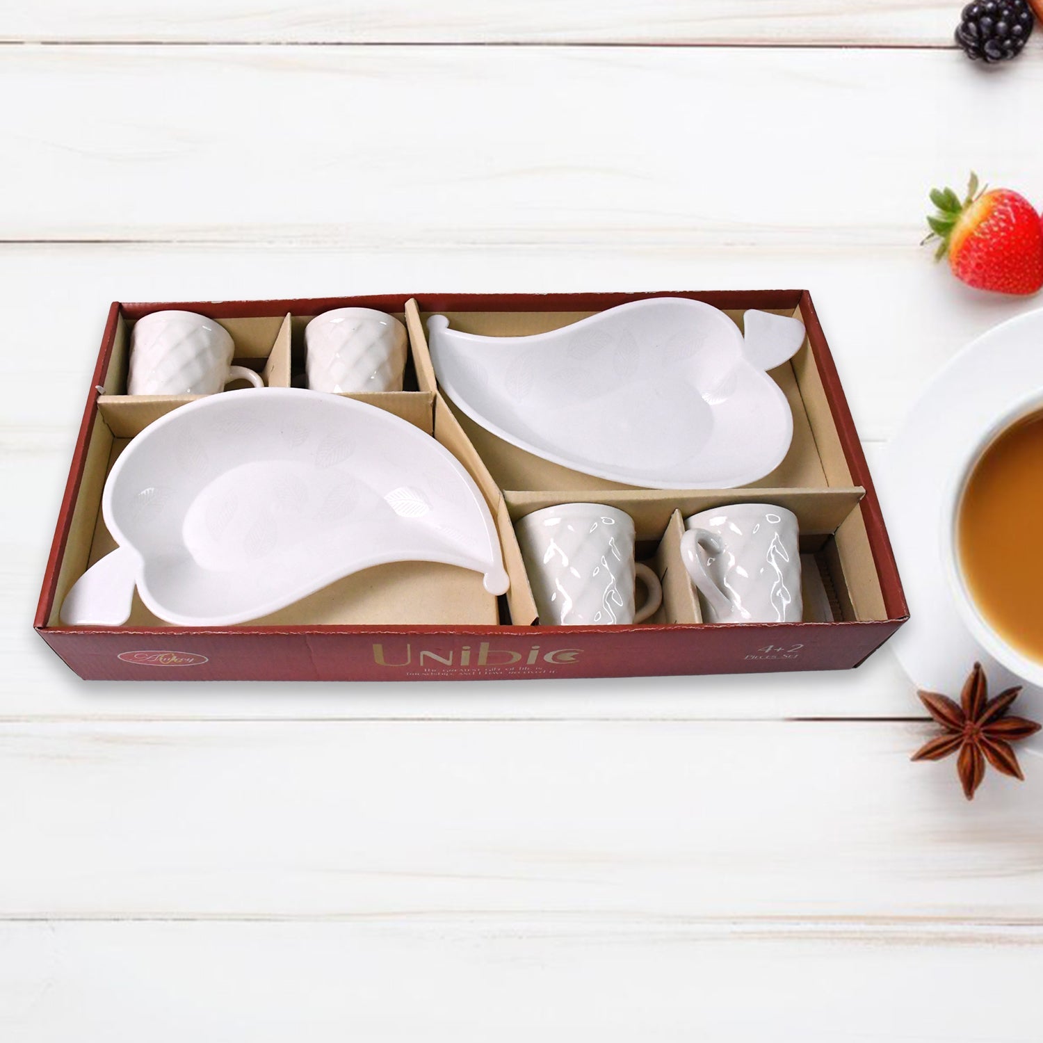 Unibic Ceramic Tea Cups With Plastic Leaf Shape tray / Platter (6 Pcs Set) Unibic Ceramic Tea Cups With Plastic Leaf Shape tray / Platter (6 Pcs Set)